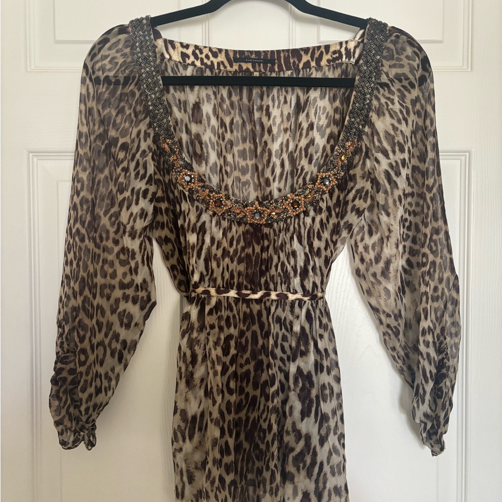 Elie Tahari Silk SHEER Leopard Print Beaded Blouse Size Small